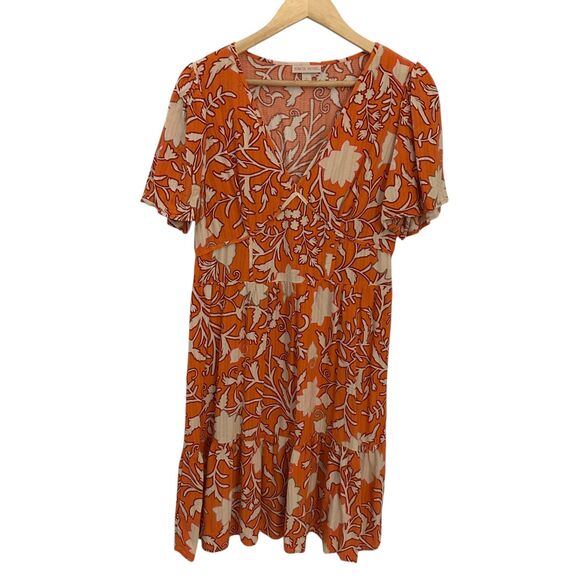 Knox Rose Orange & White Floral Rayon Tiered Boho V-Neck Midi Dress – Size M - Picture 1 of 7